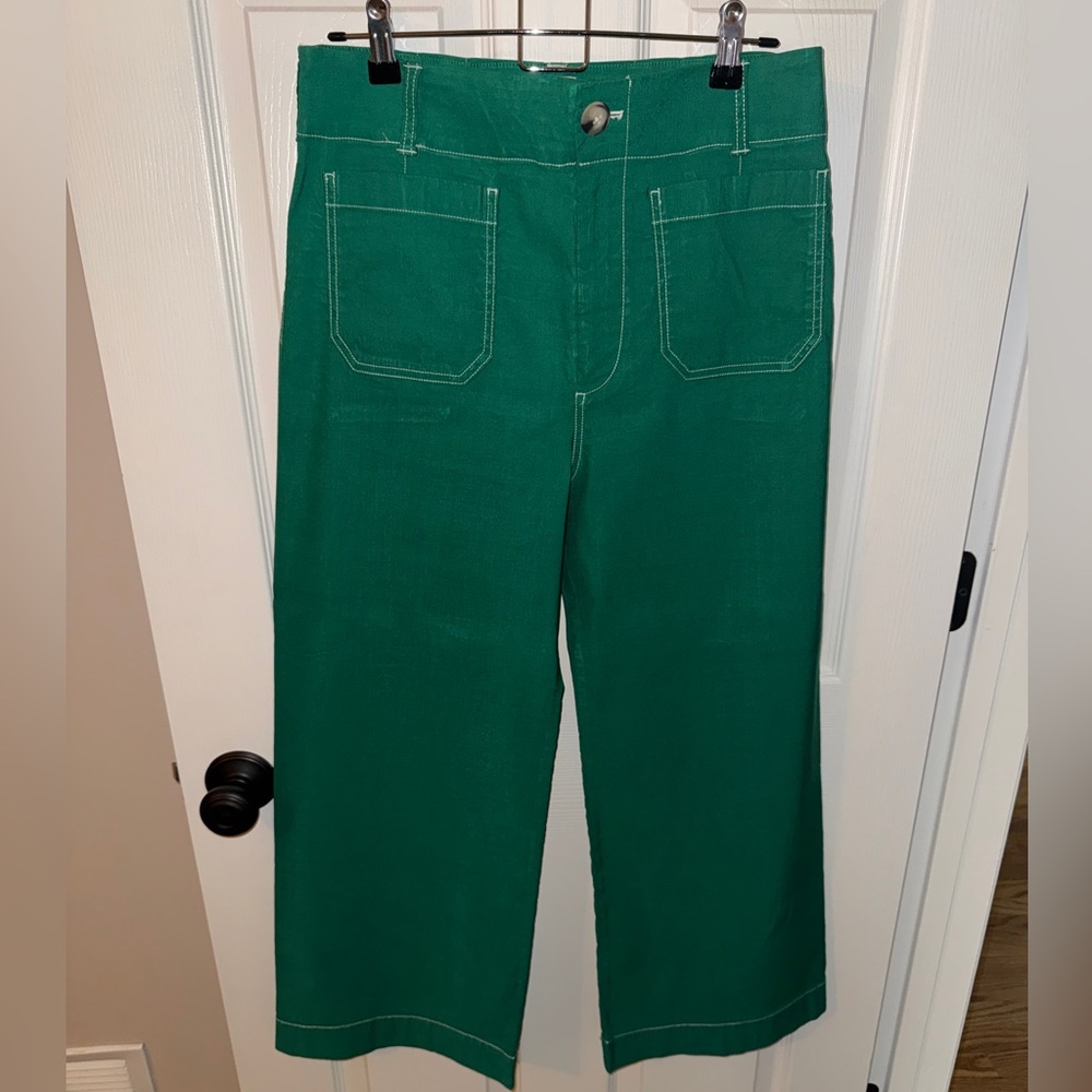 Anthropologie The Colette Magic Fabric Green with White Trim Pants - Picture 2 of 5
